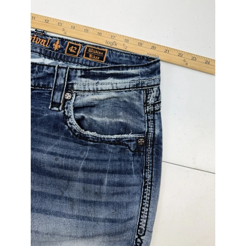 Rock Revival Men's Wilkins Biker Jeans Factory Distressed Paint Spots Size 42